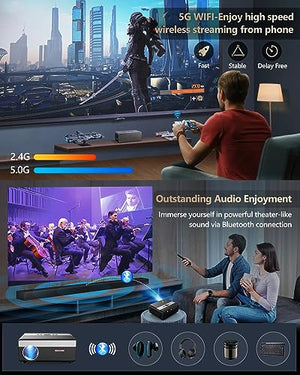 CAIWEI 4K Native 1080P Projector with 5G WIFI, Bluetooth, Android TV, Netflix/YouTube/Prime Video Compatible, 800ANSI High Lumen Outdoor Movie Projector