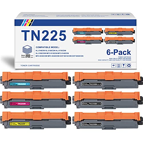 (3BK+1C+1M+1Y,6-Pack) Compatible TN-225 TN225 High Yield Toner Cartridge Replacement for Brother HL-3150CDN HL-3170CDW HL-3140CW MFC-9130CW MFC-9140CDN DCP-9015CDW DCP-9020CDN Printer Toner Cartridge