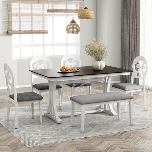 Bxhlxzz 6 Piece Retro Wood Dining Table Set with Chairs and Bench, Gray+Antique White
