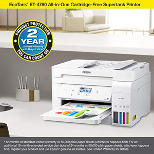Epson EcoTank ET-4760 Wireless Color All-in-One Cartridge-Free Supertank Printer with Scanner, Copier, Fax, ADF and Ethernet - White, Large (Renewed)