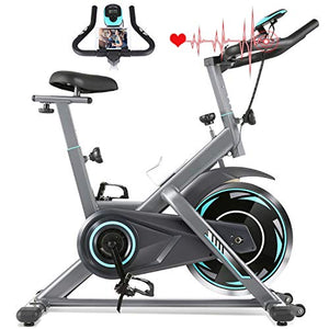 FUNMILY Indoor Exercise Bike Stationary, Cycling Bike-Belt Drive with Heart Rate Monitor & LCD Monitor, Comfortable Seat Cushion, Flywheel- Commercial Standard for Home Cardio Workout (Silver)
