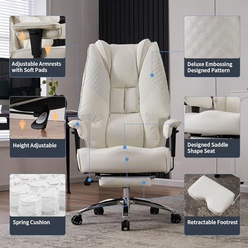EXCEBET Big and Tall Leather Office Chair with Foot Rest - White