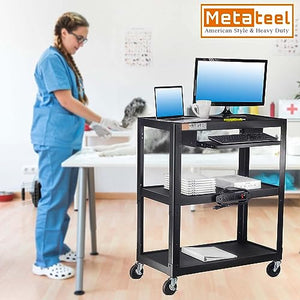 Metateel Heavy Duty 3 Tier Rolling Cart with Power Strip - Durable Utility Cart - 300 LB Capacity