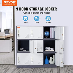 VEVOR Metal Employee Locker, 9 Doors Storage Cabinet with Card Slot, Gray Steel, Keys, 66lbs Capacity