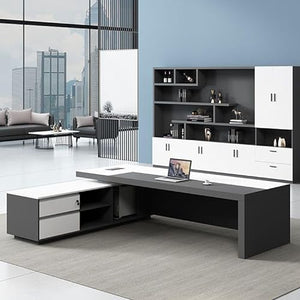 KWOKING Executive L-Shape Office Desk with Pedestal Base & Cable Management Grey - 71" L x 63" W
