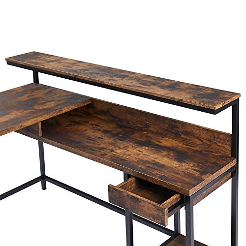 Merax L-Shaped Computer Monitor Shelf and CPU Stand, Industrial Corner Office Study Large Workstation Desk Table, 55.9" L x 55.1" W x 38" H, Tiger