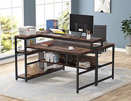 Tribesigns Two Person Desk Double Workstation with Bookshelf,47 x 59 Extra Large Face to Face 2 Person Computer Desk with Monitor Stand Shelf & Storage Shelves, Office Study Table,Rustic & Black