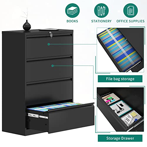 YITAHOME 4 Drawer Metal Lateral Filing Cabinet with Lock, Black - Legal/Letter A4 Size