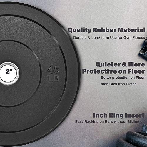 Bumper Plates 2-Inch Olympic Weight Plates for Strength Training, Weightlifting, Hard Virgin Rubber Plates 45LB Pair Set, Durable Home Gym Weights Plate Two Year Warranty