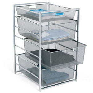 elfa Mesh Start-A-Stack Platinum, 18" x 21" x 29" h features three 2-Runner Mesh Drawers, one 1-Runner Mesh Drawer and Back Stop Pins.