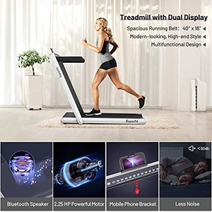 GYMAX Under Desk Treadmill, Folding 2 in 1 Electric Running Walking Machine with Smart App Control, Remote, Bluetooth Speaker & Dual LED Screen Monitor, Portable for Home Gym Small Apartment (Pearl)