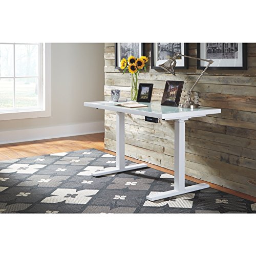 Ashley Furniture Signature Design - Baraga Electric Adjustable Home Office Desk - Power Cord Included - Contemporary - White w/ Frosted Glass Top