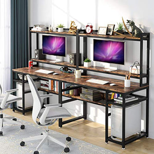 Tribesigns 94.5 inch Extra Long Double Computer Desk with Hutch & Monitor Stand, Large Two Person Desk with Storage Shelves & CPU Stand, Study Writing Table Workstation with Bookshelf for Home Office