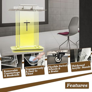 LIZAKI Acrylic Pulpit with Remoteable 16 Colors, Brake Swivel Wheels, 3.77ft Prayer Bench, Movable Reading Platform