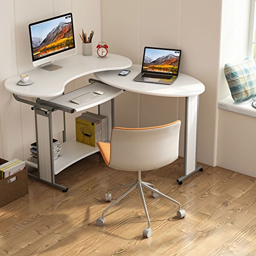 L-Shaped Computer Desk, LITTLE TREE Rotating Corner Desk & Modern Office Study Workstation, for Home Office or Living Room (White)