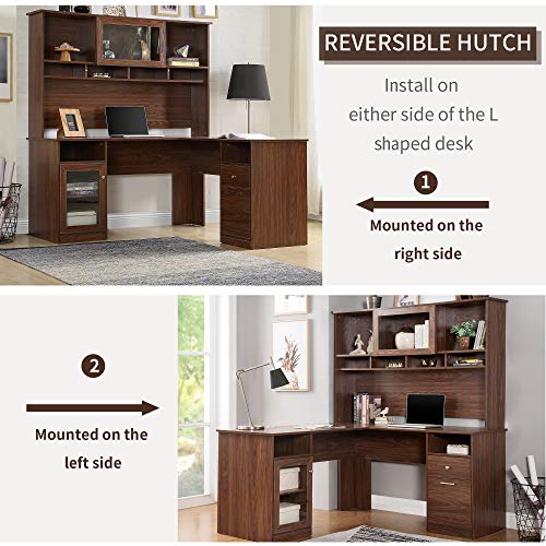 60 Inch Home Office L-Shaped Desk with Hutch and Glass Doors, Writing Workstation with Shelves and File Cabinet for Home Office, 600LBS Load Capacity