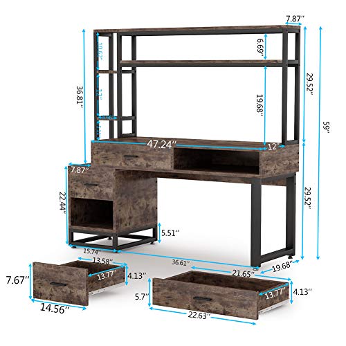 Tribesigns 55 Inch Computer Office Desk with 4 Drawers and Storage Shelf, Industrial Study Writing Table Workstation with Hutch and Bookshelf for Home Office (Brown)