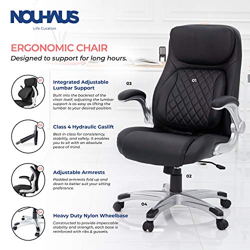 NOUHAUS +Posture Ergonomic PU Leather Office Chair. Click5 Lumbar Support with FlipAdjust Armrests. Modern Executive Chair and Computer Desk Chair (Black)