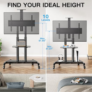 PERLESMITH Mobile TV Stand for 55-90 Inch Flat/Curved Screen TV - Height Adjustable Outdoor TV Cart with AV Shelf - UL Certified - Holds up to 200lbs