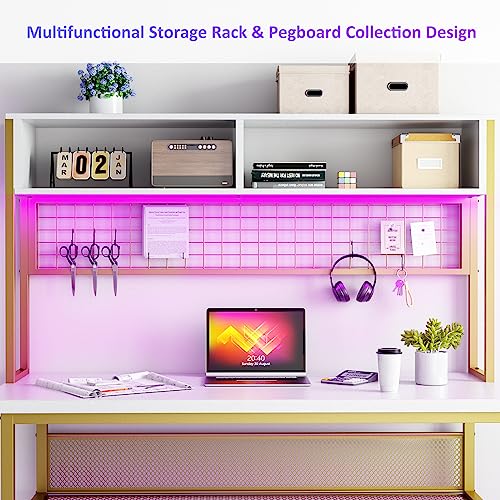 Unikito Modern L-Shaped Desk with Hutch, RGB LED Lights, Smart Control, Monitor Stand, Power Outlets, USB Ports