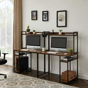 Home Office Double Workstation Desk, Two Person Computer Desk with Storage, Spacious Tabletop, Multifunction Writing Desk with Shelf（Brown）