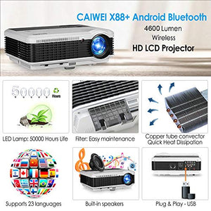HD LCD HDMI Wireless Bluetooth Movies Projector for Gaming TV Home Theater 4600 Lumen 1280x800 New 2019 Android Video Projectors Compatible with iPad HDMI VGA USB, DVD Laptop Smartphone PS4 Wii Xbox