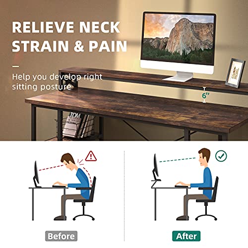 YITAHOME Computer Desk with 3 Storage Shelves, Writing Table with Double Layer for Monitor Stand, 55 inch Tabletop Workstation for Home Office Work Study, Rustic Brown