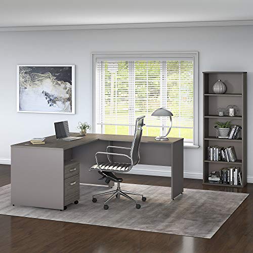 Bush Furniture Commerce 60W L Shaped Desk with Mobile File Cabinet and Bookcase
