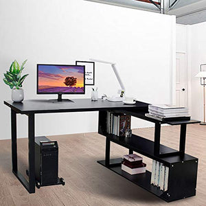 L-Shaped Computer Desk, 55 Inch 360° Rotating Corner Desk with 2 Storage Shelves, Specialties Sturdy Left or Right Facing Combo Table for Home Office, Write Desk Double Workstation (White)