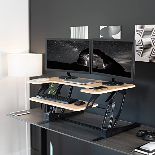 VIVO Height Adjustable Stand Up Desk Converter, V Series, Dual Monitor Riser Workstation, Light Wood Top - DESK-V000VO