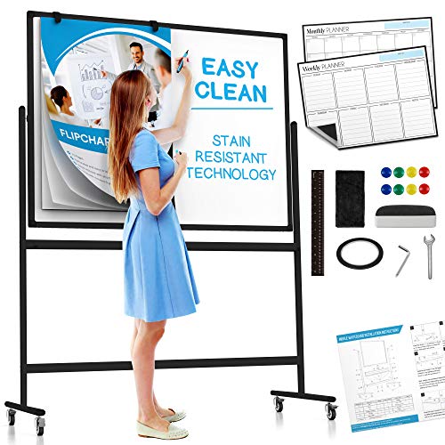 Large Black Mobile Rolling Whiteboard on Wheels: Stain Resistant Technology - 48x36 - Includes Big Flipchart Pad and Other Accessories - Portable Double Sided Dry Erase Magnetic White Board with Stand