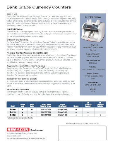Semacon S-1215 High-Speed Bank Grade Currency Counter wirh Ultraviolet Counterfeit Detection, 800/1200/1600 Notes per Minute Counting Speed, Batching: 10 Keys/1-999 Range