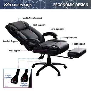 MAISON ARTS Big and Tall Bonded Leather Reclining Office Chair Task Chair, 400lb High Back Executive Massage Computer Desk Chair with Retractable Footrest and Metal Base for Home Office