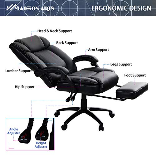 MAISON ARTS Big and Tall Bonded Leather Reclining Office Chair Task Chair, 400lb High Back Executive Massage Computer Desk Chair with Retractable Footrest and Metal Base for Home Office
