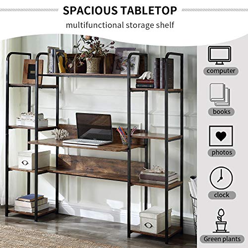Okngr Computer Desk with Hutch and Bookshelf, Industrial Study Writing Table Home Office Writing Desk with Bookshelf Workstation Desk Gaming Desk, Rustic Brown