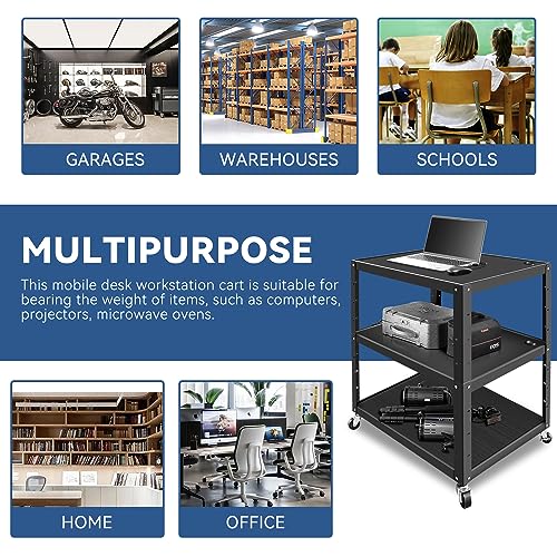 Auto Dynasty Universal Adjustable-Height AV Rolling Storage Cart with Power Strip, 3 Outlets, 35"x24-42"x25", Black
