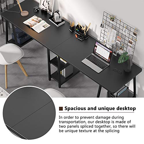 Tribesigns Double Computer Desk with Shelves, 94.5 Inches Extra Long Two Person Desk, Writing Desk Workstation for Home Office (Black)