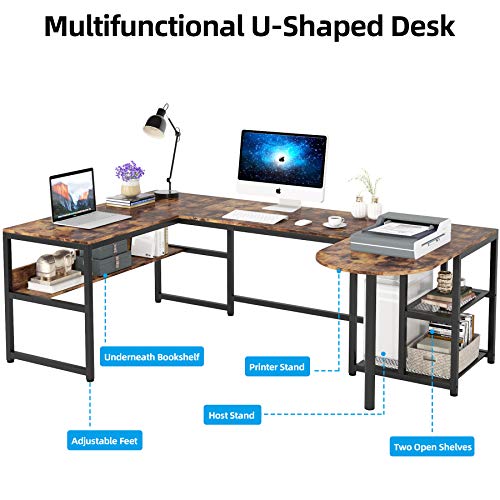 TIYASE U Shaped Desk with Storage Shelves, Large L-Shaped Desk Corner Computer Office Desk with Printer Stand and Bookshelf, Rustic Executive Office Desk Workstation, 78.7 x 47.2 inches
