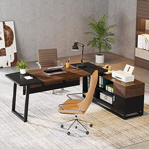 Tribesigns Executive Desk and Lateral File Cabinet Set, L-Shaped Computer Desk with Storage, Walnut/Black