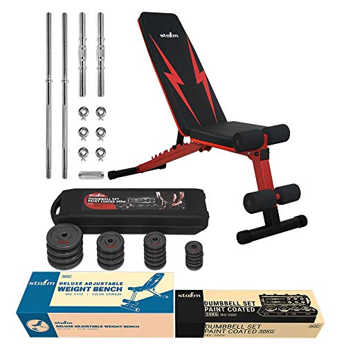 STOZM Multi-Purpose Adjustable Strength Training Weight Bench (Crimson) - High Weight Capacity 900 lbs and Dumbbell Set with Case – 50 kgs for Home Gym & Full Body Workout (Black Paint Finish)