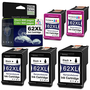 Compatible 5 Pack Remanufactured 62XL Ink Cartridge Replacement for HP Officejet 258 Mobile Printer Officejet 5740 5741 5742 5743 5744 5745 5746 8040 Envy 5646 Printer (3 Black+2 Tri-Color)