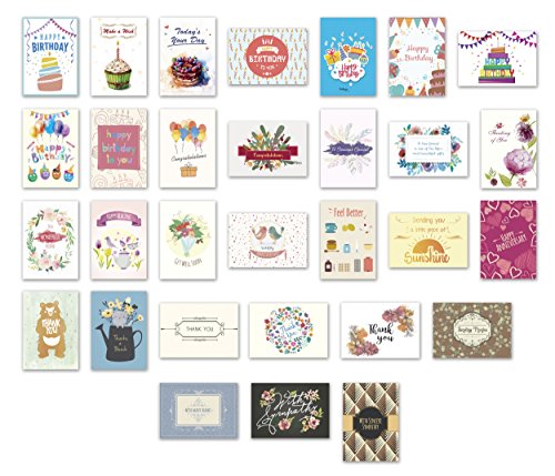Cortesia All Occasion Premium Greeting Cards Assortment - 30 UNIQUE DESIGNS, Box set incl. Envelopes, Birthday Cards, Thank You Notes, Thinking of You, Get Well, Congratulations, Anniversary, Sympathy