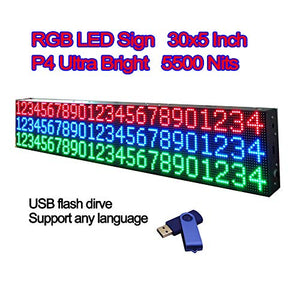 P4 Ultra Bright 5500Nits 30" x 5" 192 x 32 Pixels Full Color Semi Outdoor LED Sign RGB LED Display Programmable Scrolling Message Board for Window