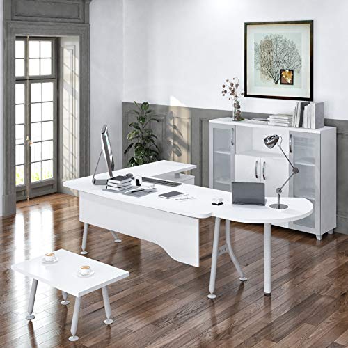 Casa Mare 71" Executive Home Office Suite | Made of Solid Wood | 3-Piece Set Including Long L Shaped Desk with Drawers, Coffee Table and Large Storage Cabinet | Modern Business Furniture | White