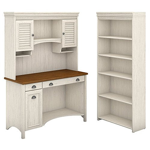 Bush Furniture Fairview Computer Desk with Hutch and 5 Shelf Bookcase, Antique White
