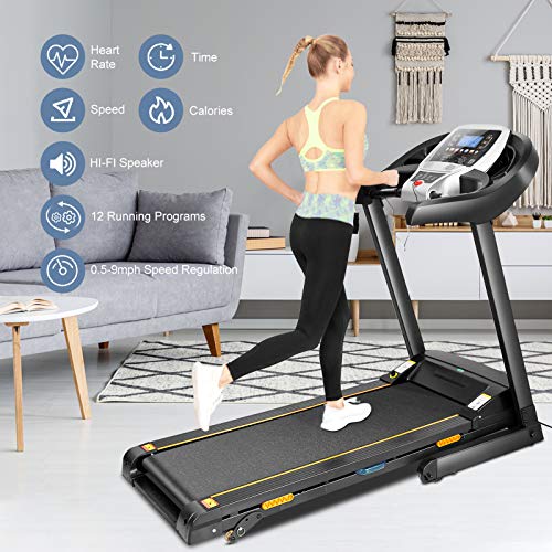Caroma Folding Treadmill for Home with Incline, 3.0 HP Electric Treadmill 300 lb Capacity, 9 MPH Running Machine with Shock Absorber, Bluetooth Speaker & LCD & Pulse Monitor, APP Control, 12 Programs