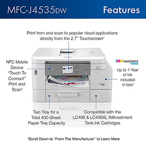 Brother MFC-J4535DW INKvestment Tank All-in-One Color Inkjet Printer with NFC, Duplex and Wireless Printing Plus Up to 1-Year of Ink in-Box