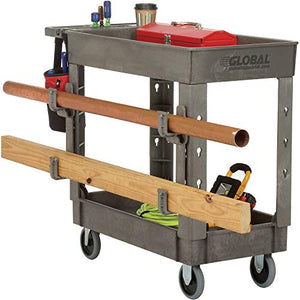 Global Industrial Plastic 2 Shelf Service Cart with Ladder Holder and Utility Hooks, 38"L x 17-1/2"W x 32-1/2"H