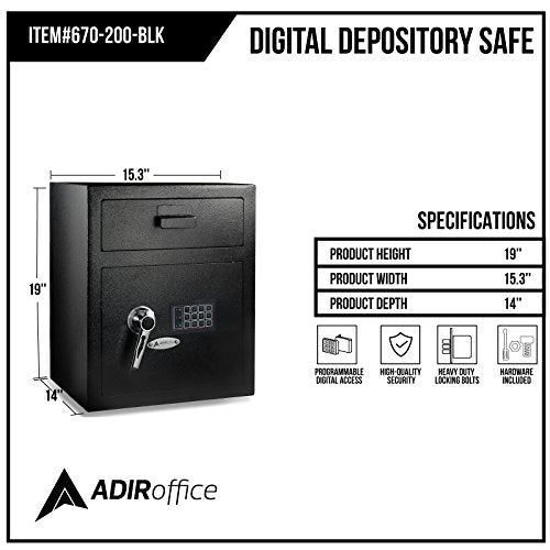 AdirOffice Digital Depository Safe - Front Loading - Digital Keypad Lock - Lockout Mode (Black)
