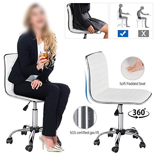 Yaheetech Corner Writing Study Desk Computer Workstation w/Drawer & Shelf + PU Leather Low Back Armless Desk Chair with/Wheels for Home Office Living Room, Office Accent Furniture Set of 2, White